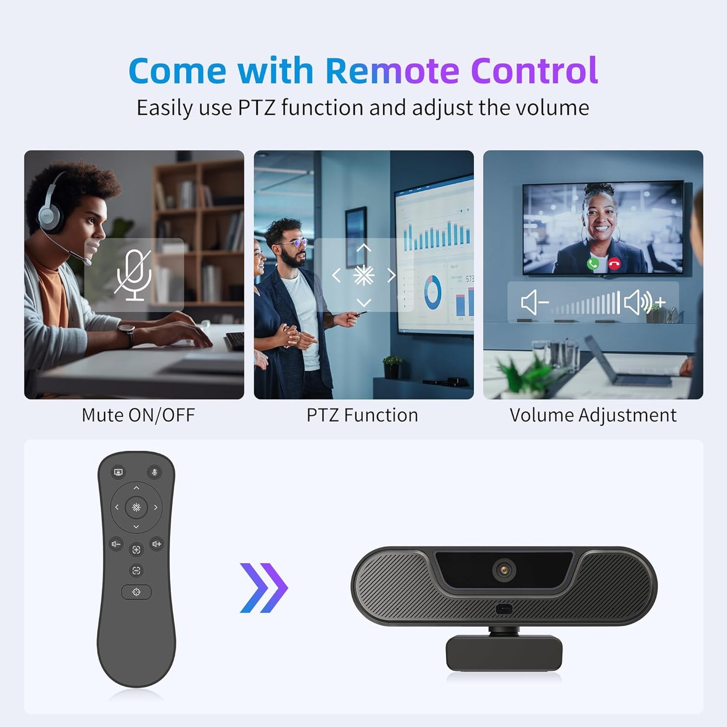 4K UHD PTZ Webcam with Integrated Speaker - Four Microphones, Remote Control, Digital Zoom, Autofocus, Privacy Cover, Tripod