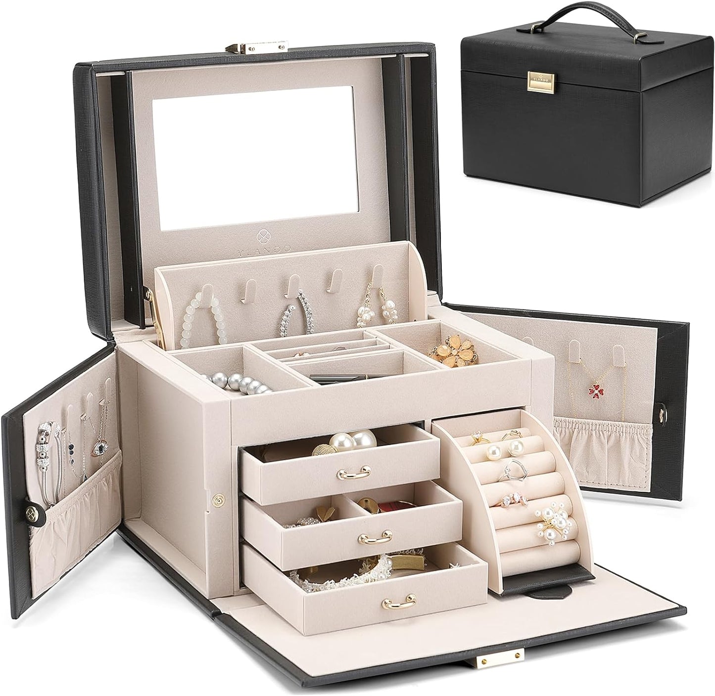 Elegant Baroque Jewelry Organizer-Spacious Storage Box with Mirror and Drawers for Bracelets, Earrings, Rings, Necklaces
