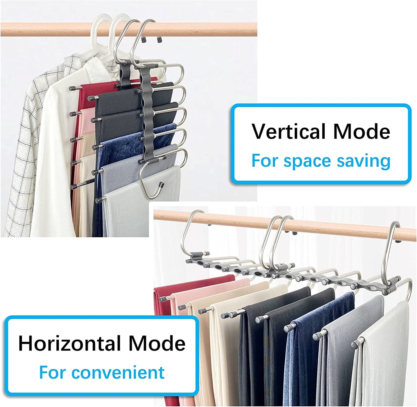 Space-Saving Magic Pants Hangers - 2-Pack Multi-Layer Rack Organizer - Trousers, Scarves, and Slacks Qty 10 Clips