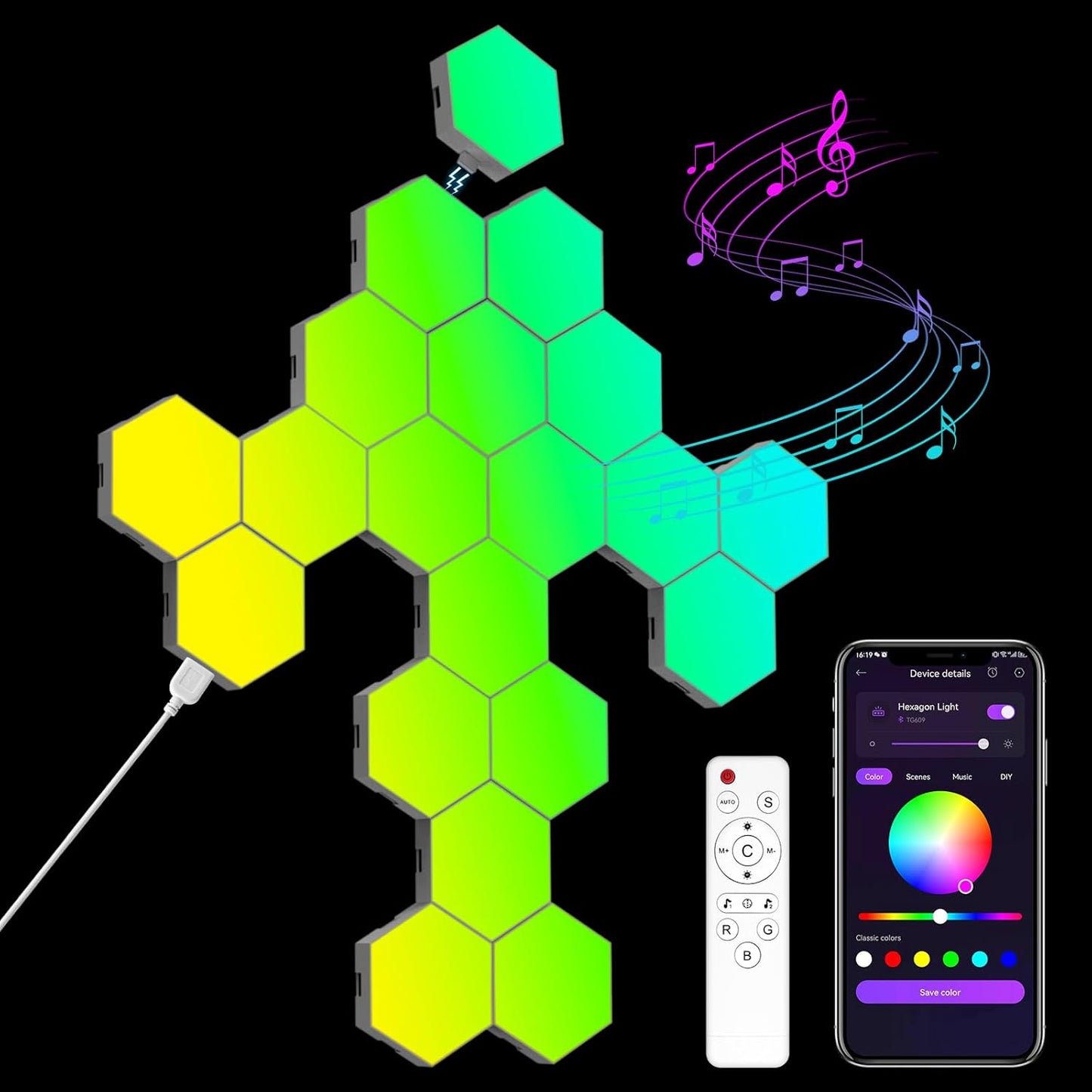 Hexagon LED Wall Light Panels: 12-Piece Smart Touch Sync Music Hex Lights for Gaming and Bedroom Decor