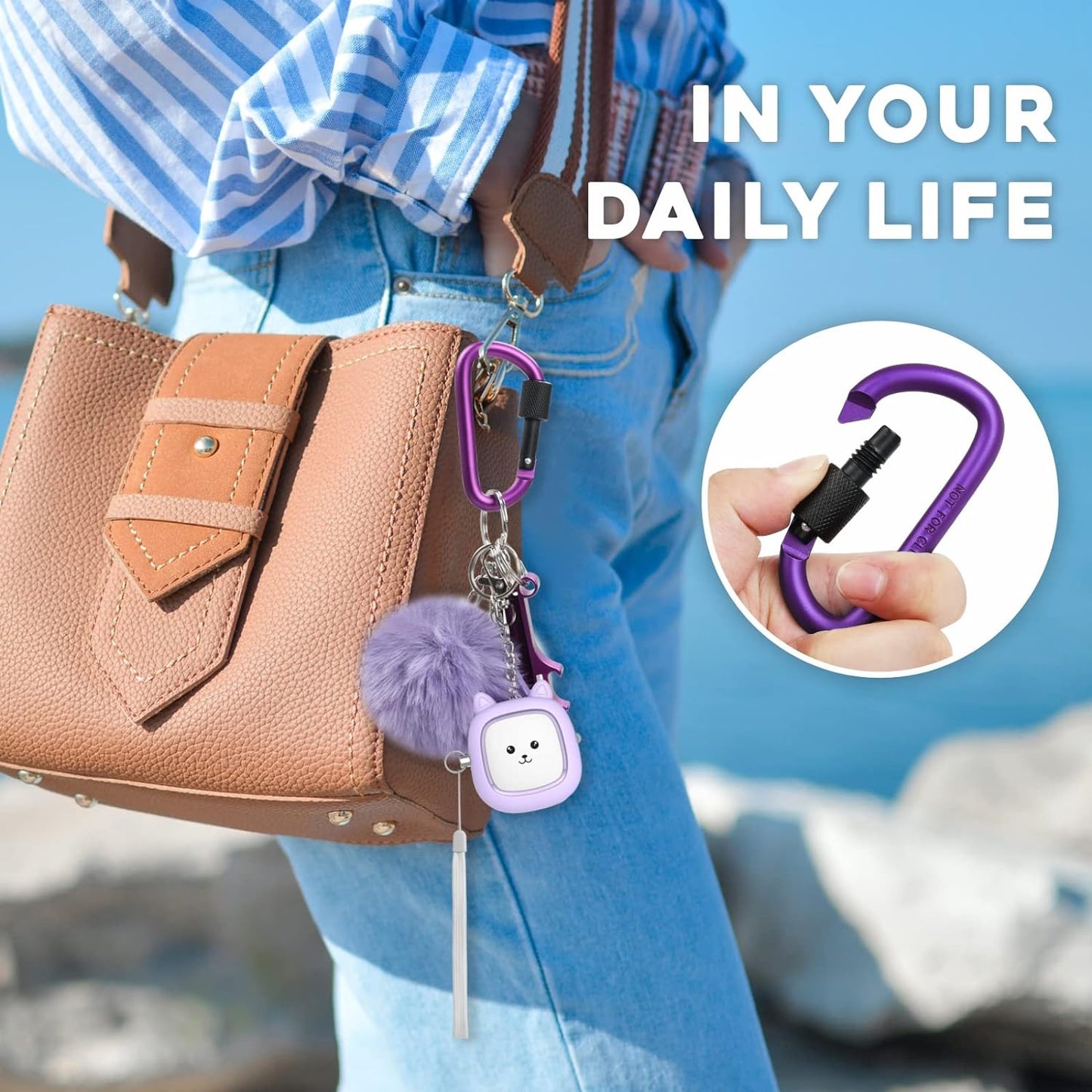 Safe Sound Personal Alarm, 6 Pcs Keychain Accessories - Alarm Keychain, LED Light, Cute Pom Pom, Whistle, and Locking Carabiner Clip