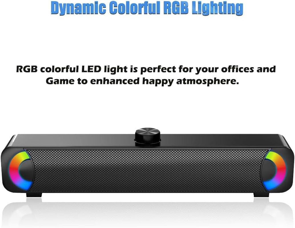 Wired USB Computer Speakers with RGB Lighting - External Sound Bar for Desktop and Laptop with 3.5mm AUX Connection, Plug and Play