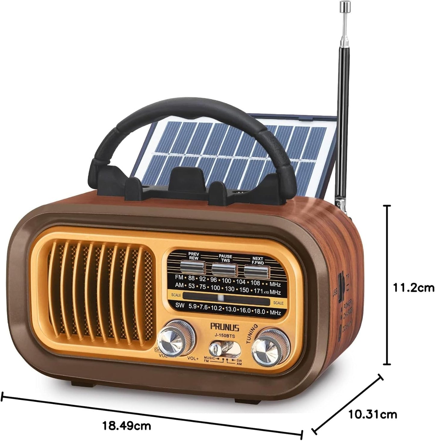 2024 Latest J-150 Compact Retro Bluetooth Radio - Portable AM/FM Transistor, Superior Sound Quality, Solar/Battery Rechargeable, TWS Support, TF Card/USB Playback