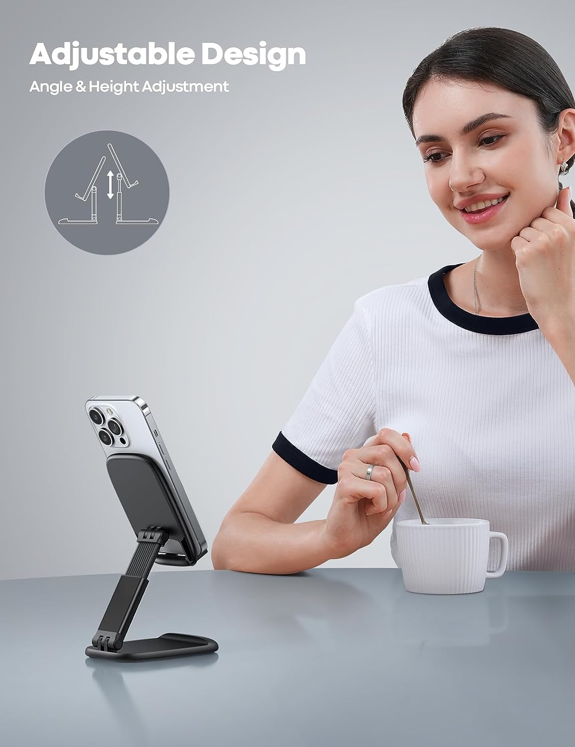 Height Adjustable Foldable Phone Stand for Desk - Portable Cell Phone Holder Compatible with iPhone 14/15/16 Pro Max Plus, 13 Pro Max Mini, and 4-8'' Smartphones