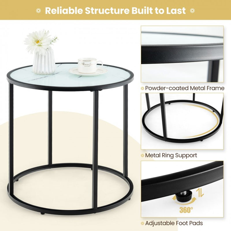 20-Inch Glass End Table Featuring a Metal Frame and Faux Marble Top