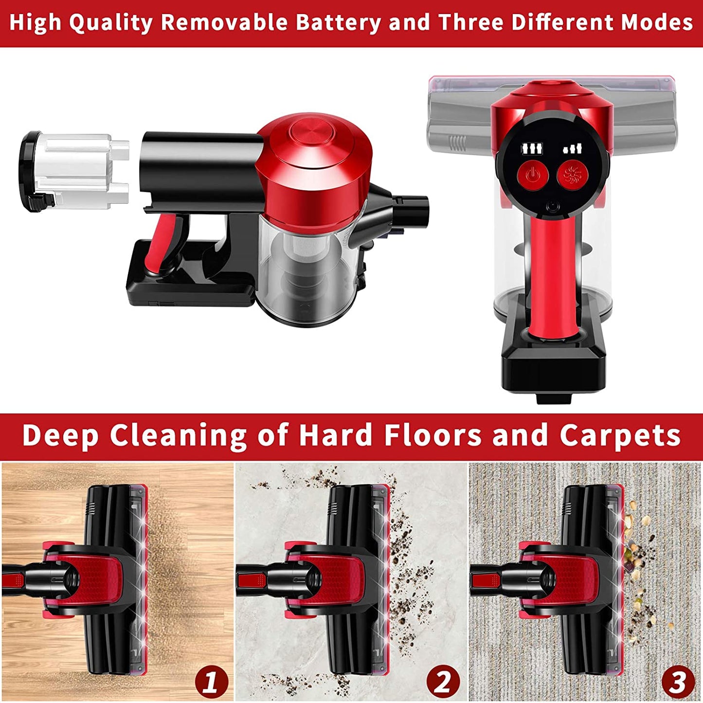 Rechargeable Cordless Vacuum Cleaner with 18,000Pa Cyclone Suction, Detachable Battery, HEPA Filtration, and Lightweight Design for Hard Floors and Vehicles
