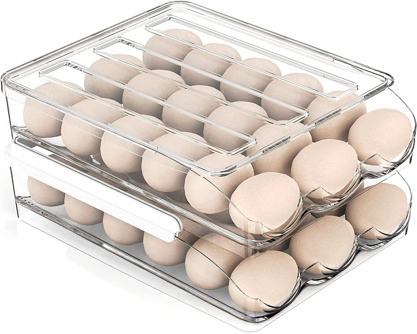 Large Capacity Egg Storage Organizer for Refrigerator with Lids, Auto Rolling Egg Container Tray, 2-Layer Fridge Storage