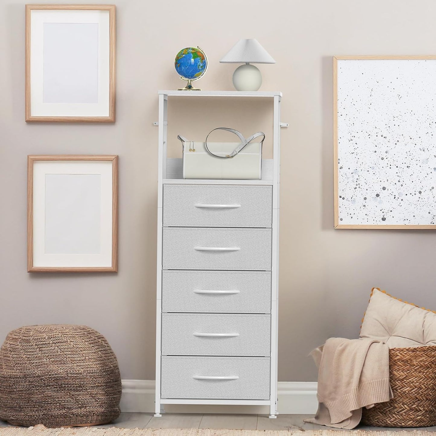 5-Drawer White Dresser, Clothes Organizer Storage Unit Chest of Drawers with Sturdy Frame & Easy Pull Handle, Tall Fabric Dresser for Bedroom, Living Room, Closet, Entryway, Nursery