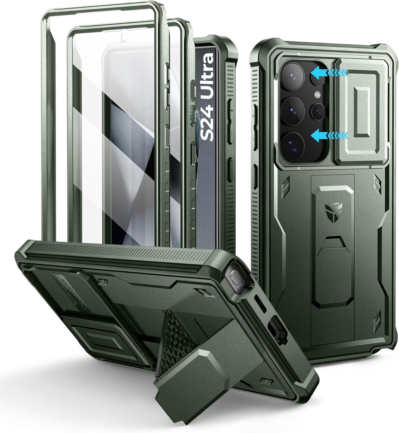 Samsung Galaxy S24 Ultra Heavy-Duty Rugged Case with Built-In Slide Camera Cover, Screen Protector, and Kickstand - Black