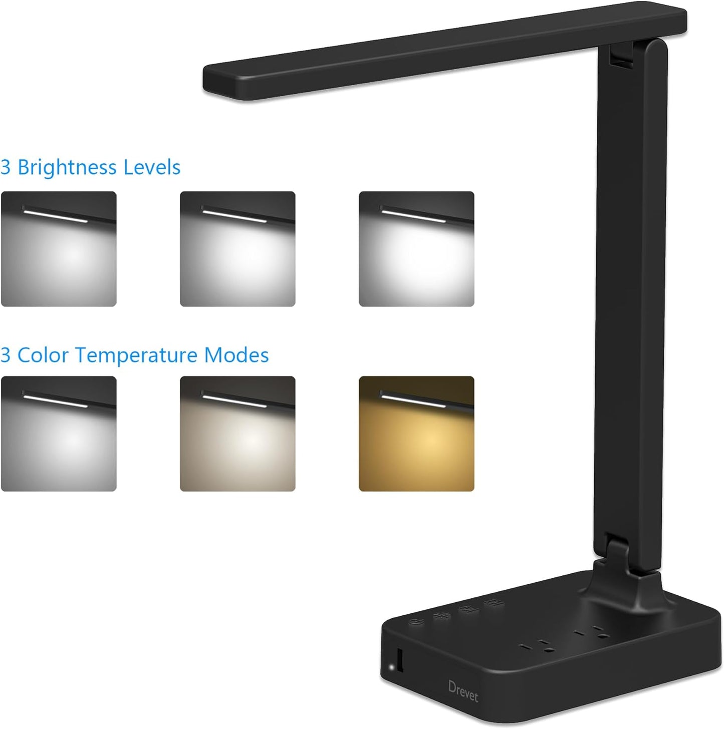 LED Desk Lamp, Desk Light with 1 USB Charging Port and 2 AC Power Outlet, 3 Lighting Modes, 3 Level Brightness,1H Timer, Touch Control (Black)