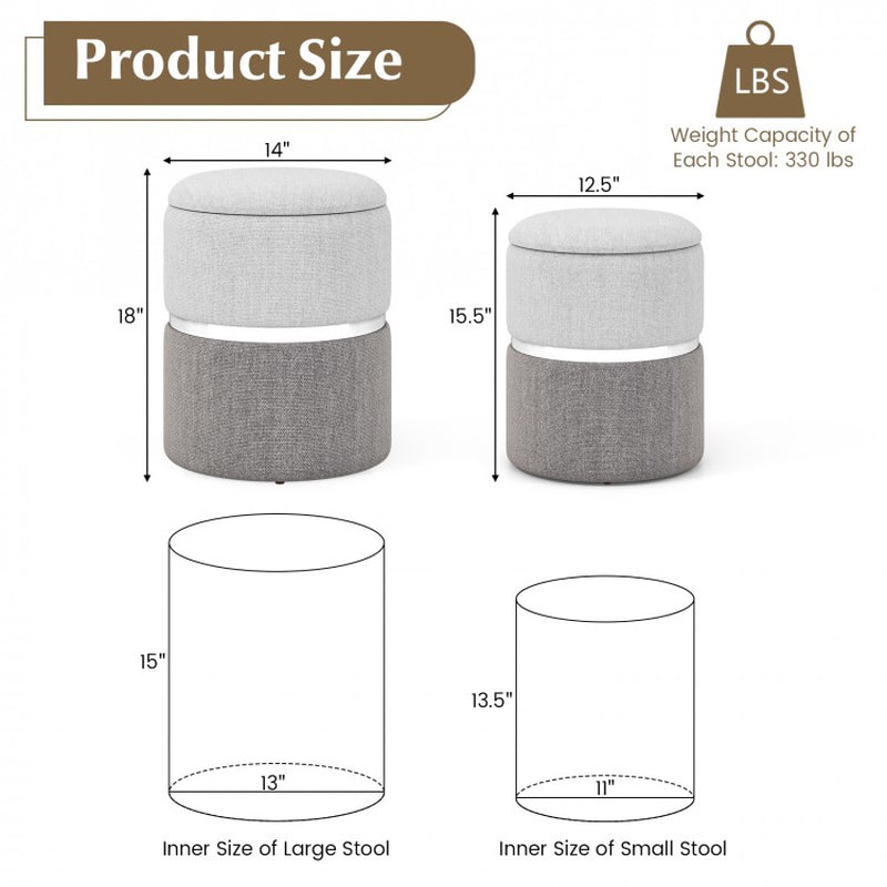 Set of 2 Velvet and Linen Fabric Storage Ottomans