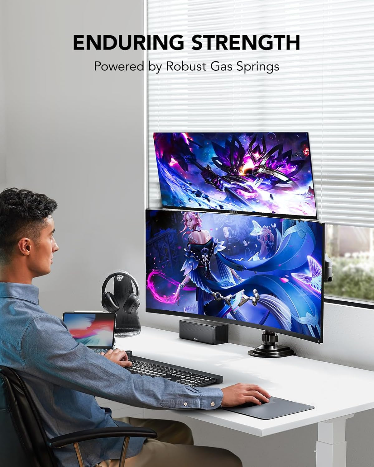 Dual Monitor Stand - Height Adjustable Gas Spring Double Arm Monitor Mount Desk Stand Fit Two 13 to 32 Inch Screens with Clamp, Grommet Mounting Base, Each Arm Hold up to 20Lbs