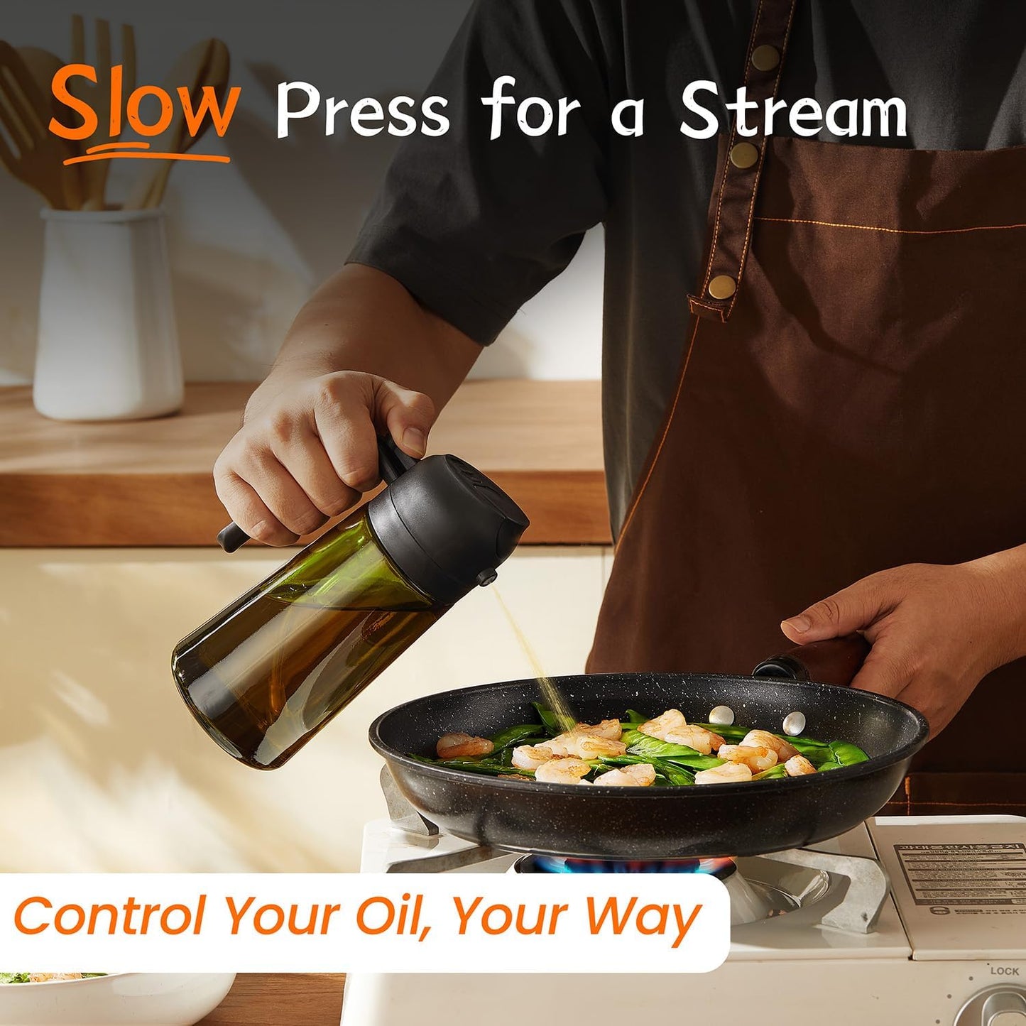 16 oz Olive Oil Dispenser and Sprayer - Dual Function Kitchen Bottle with Labels - Black Olive Oil Sprayer for Cooking (Light Blockage)