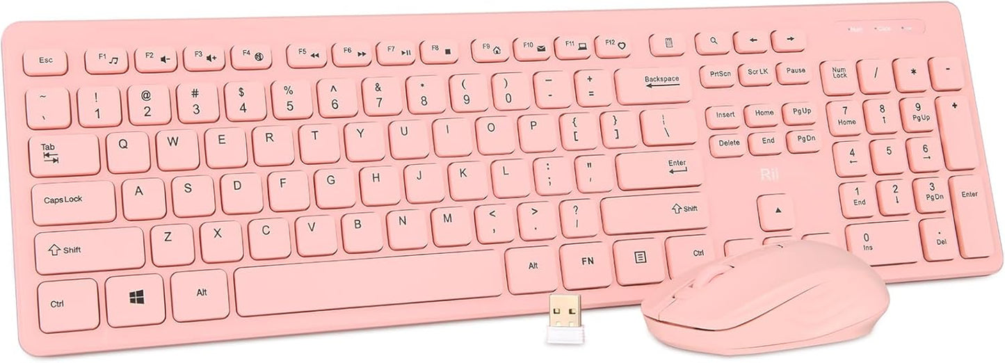 Wireless Full-Size Keyboard and Mouse Combo, Quiet-Typing Set for PC, Office, and School (White)