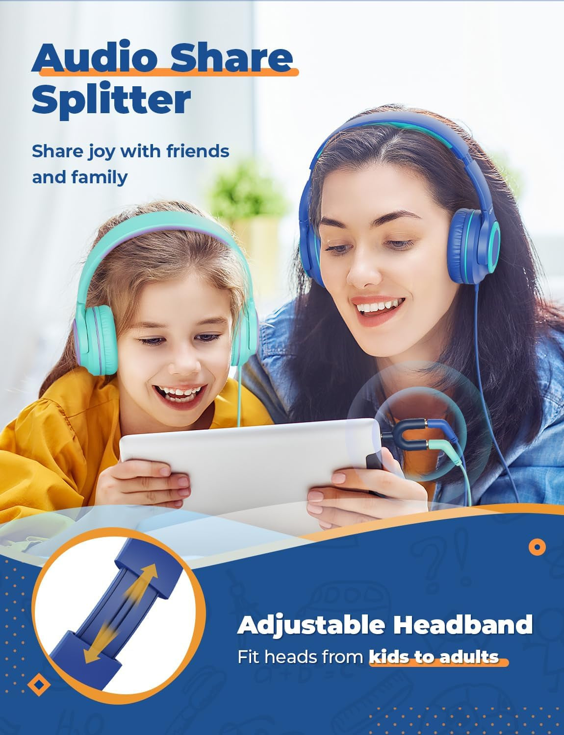 2-Pack Children's Headphones with Sharing Splitter - 94dB Volume Limiting - HS22 Wired Stereo Headphones for Kids and Teens, Tangle-Free 3.5mm Jack, Foldable Design for School, Tablets, and Travel