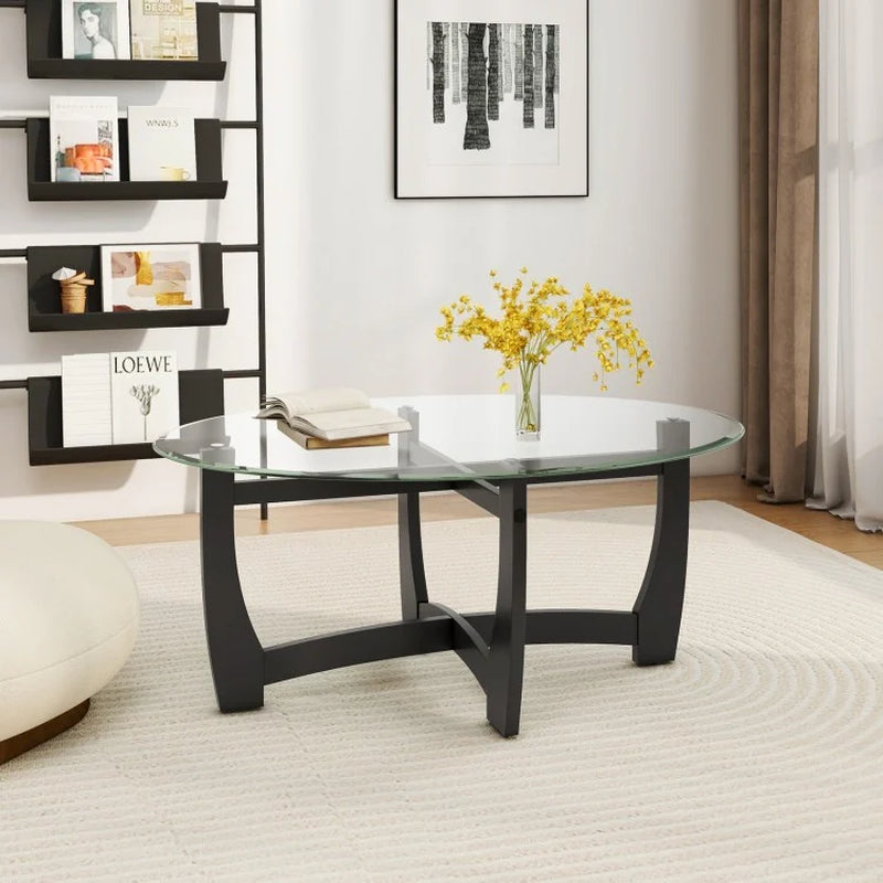 Oval Coffee Table Featuring Tempered Glass Top and Rubberwood Legs