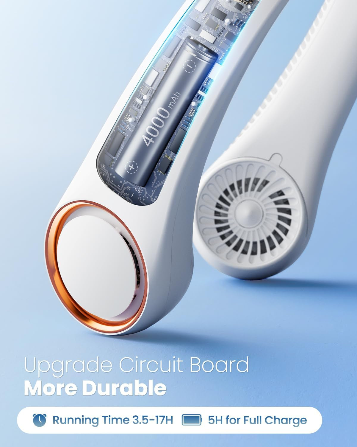 Rechargeable Bladeless Portable Neck Fan with Three Speed Settings and 72 Air Outlets - Wearable Personal Cooling Device for Travel and Office, White