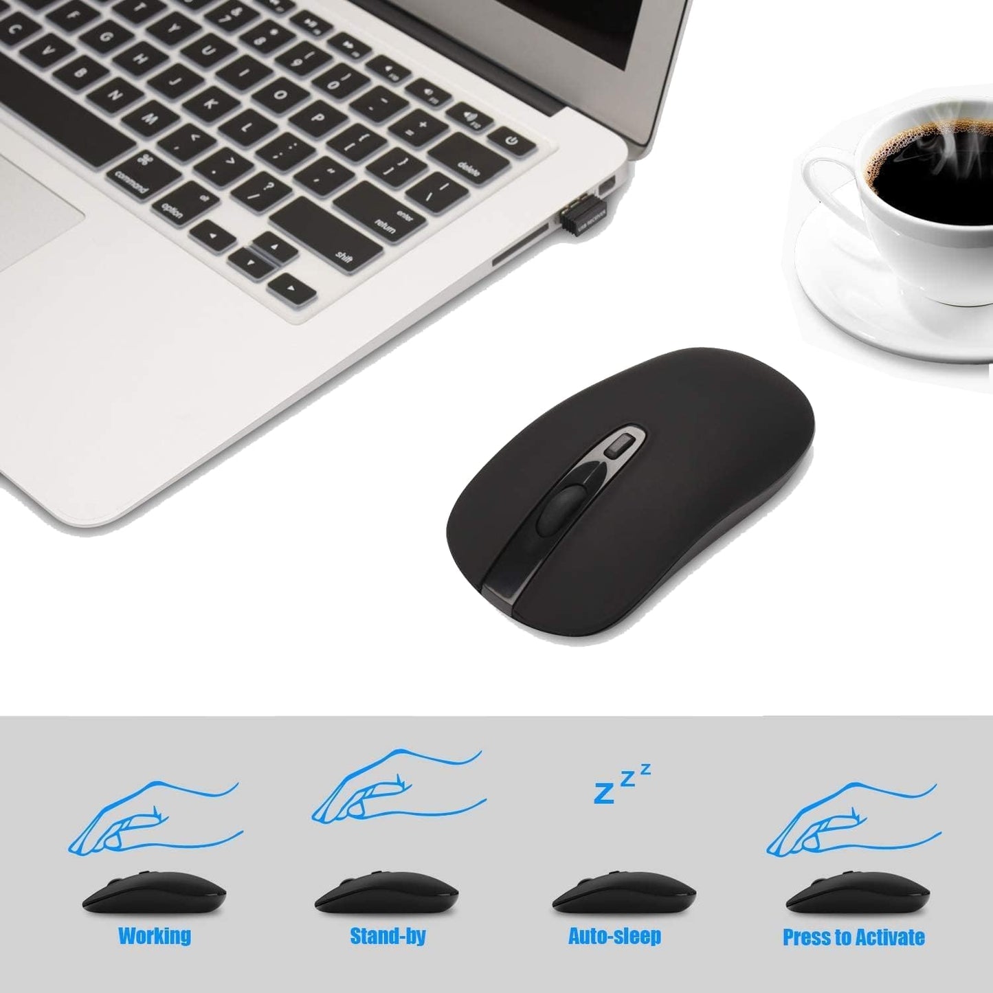 Wireless Ergonomic Optical Mouse with 2.4G Nano Receiver - Low Noise Design for Laptop, Desktop, and MacBook (Black)
