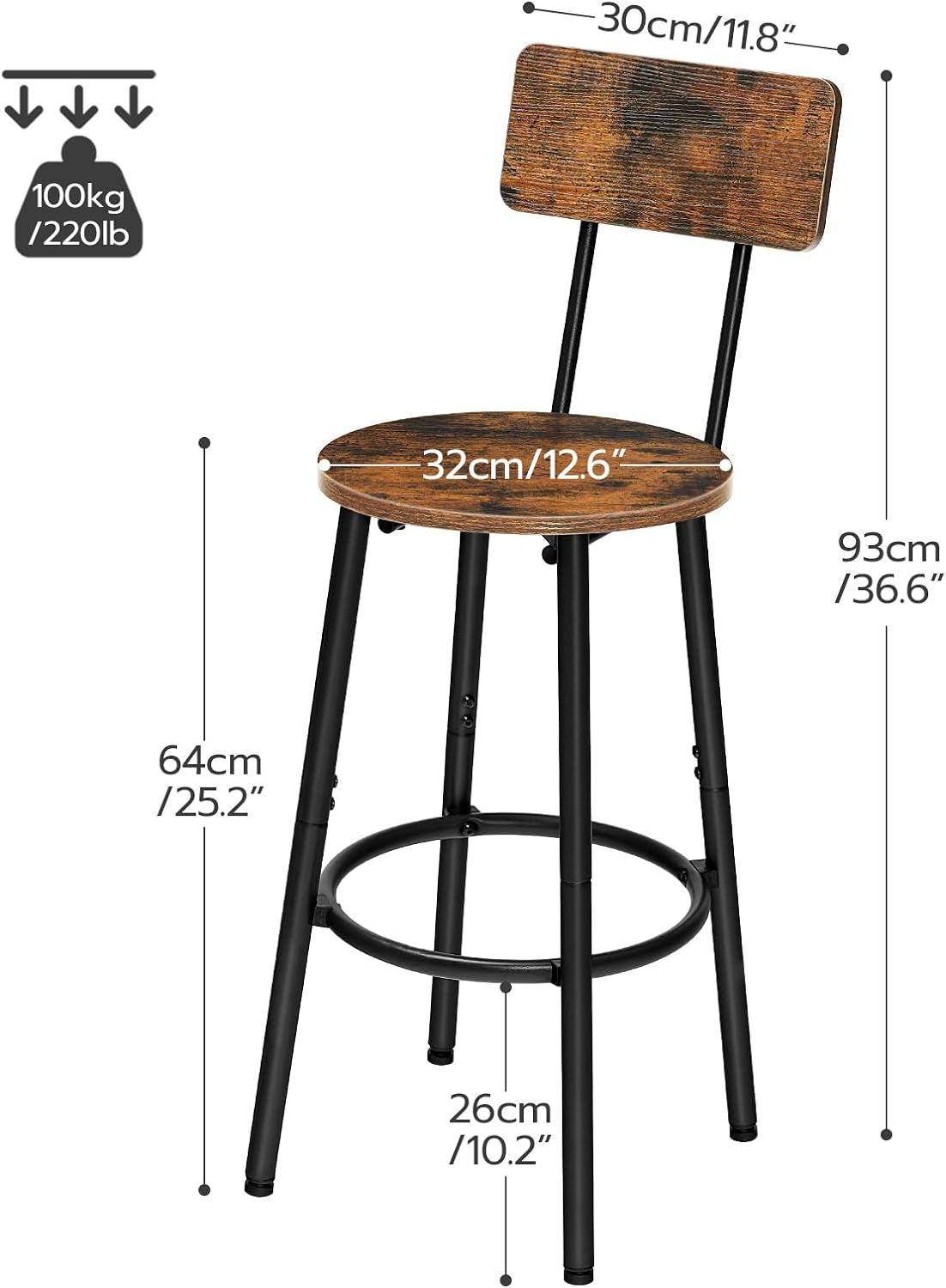 Set of 2 Adjustable Bar Stools with Footrest and Backrest, Rustic Brown and Black, Easy Assembly for Kitchen, Living Room, Bar