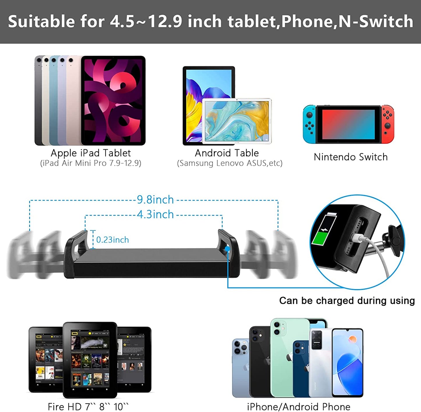 Adjustable Universal 360-Degree Rotatable Metal Tablet Holder, Tablet Floor Stand, Phone Stand for Ipad/Iphonex/Ipad Pro or Other 4.7~12.9 Inch-Screen Devices (Black)