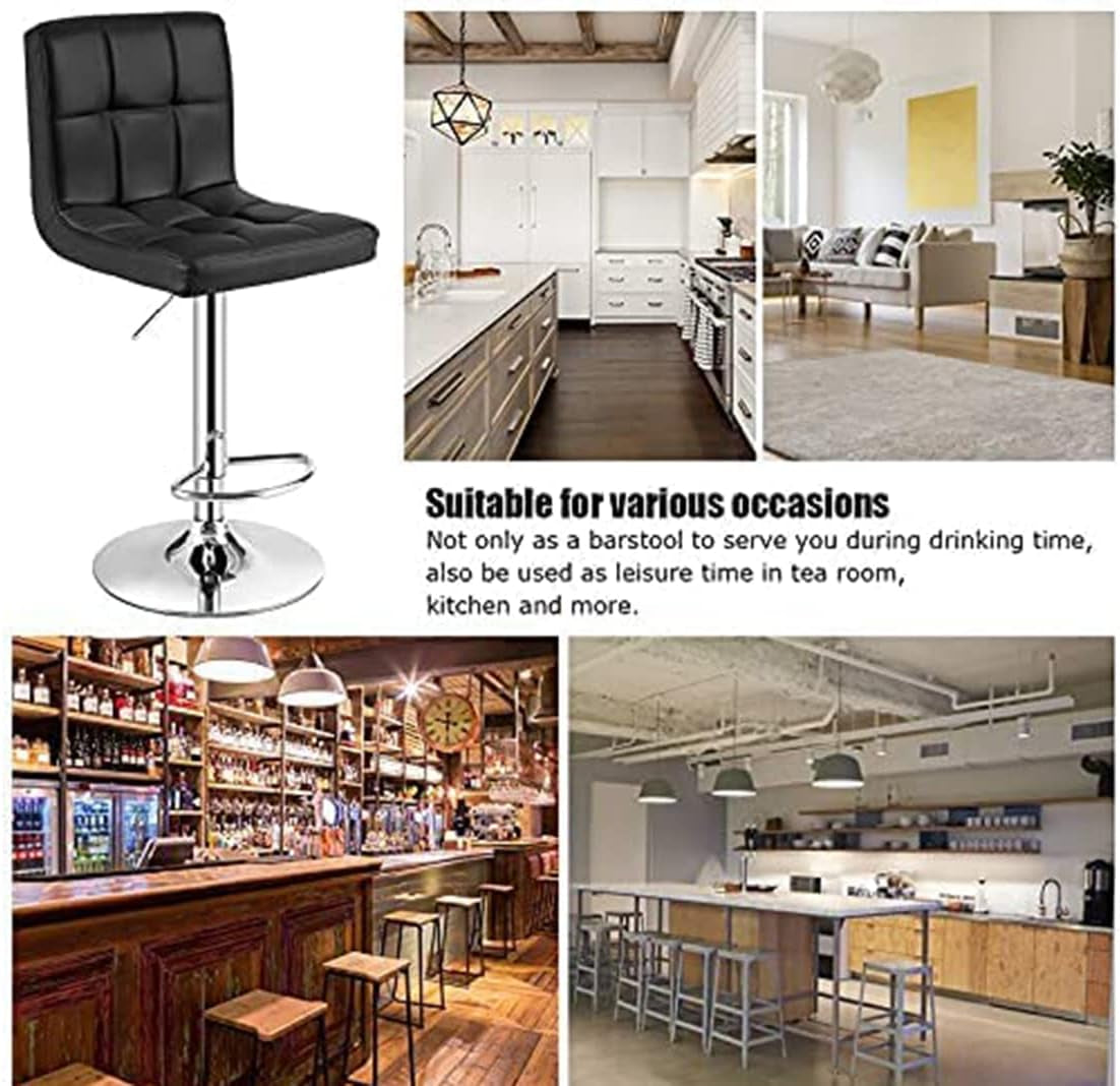 Set of 2 Adjustable Height Swivel Bar Stools in Black Bonded Leather with Backrest and Stability Features