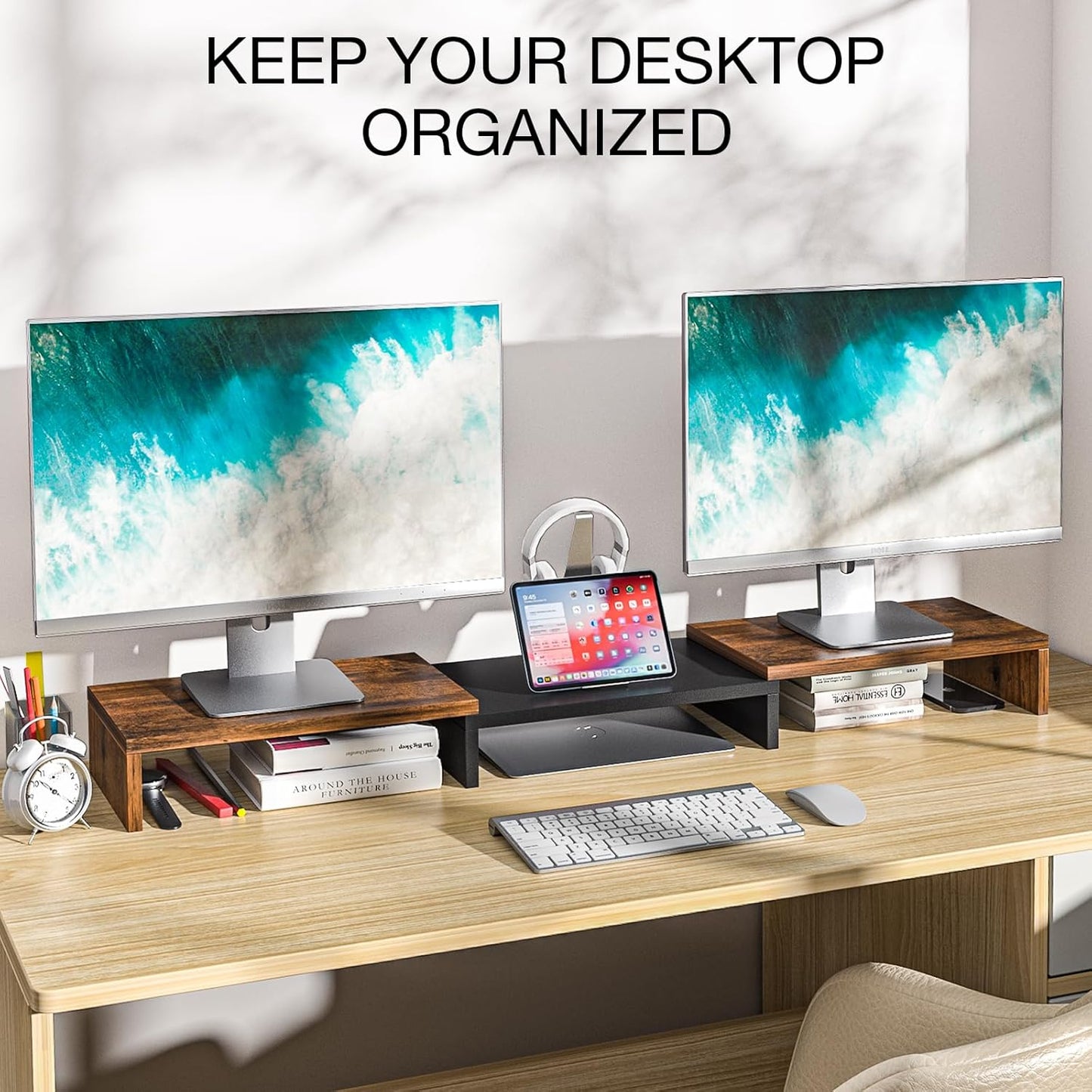 Dual Monitor Stand with Adjustable Length and Angle, 48.2" Desk Riser for Computer Monitors, Brown Office Accessory