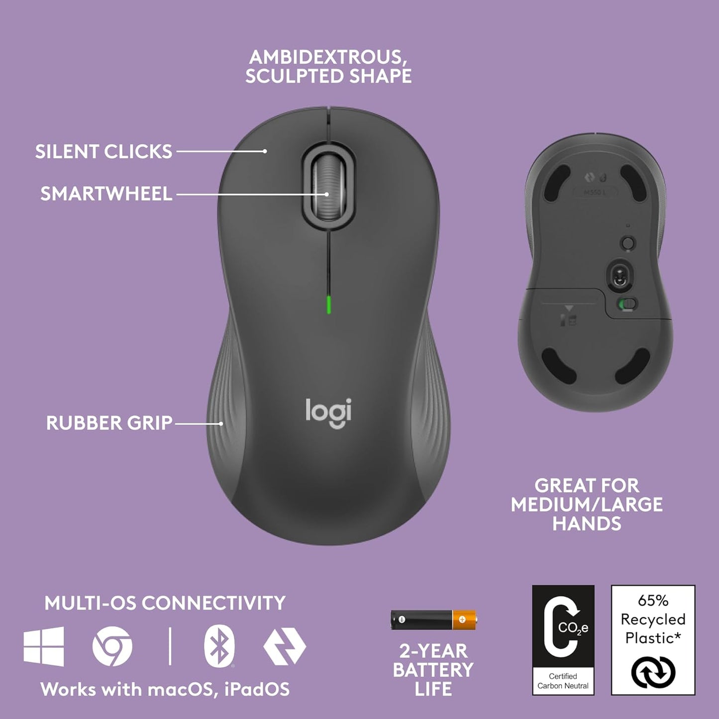 Wireless Ergonomic Keyboard and M550 L Wireless Mouse Combo - Bluetooth and Logi Bolt Compatible, Multi-OS Support