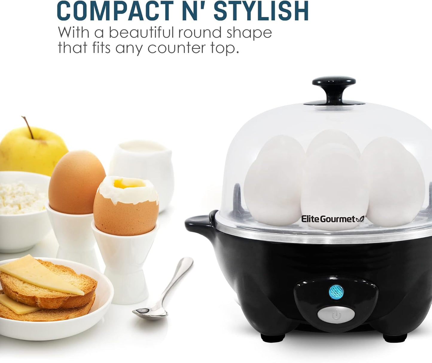 EGC-007B Rapid Egg Cooker - Prepare 7 Easy-to-Peel Hard, Medium, and Soft Boiled Eggs, Poached Eggs, and Omelets with Auto Shut-Off, Alarm Feature, and Included 16-Recipe Booklet, BPA-Free, Black