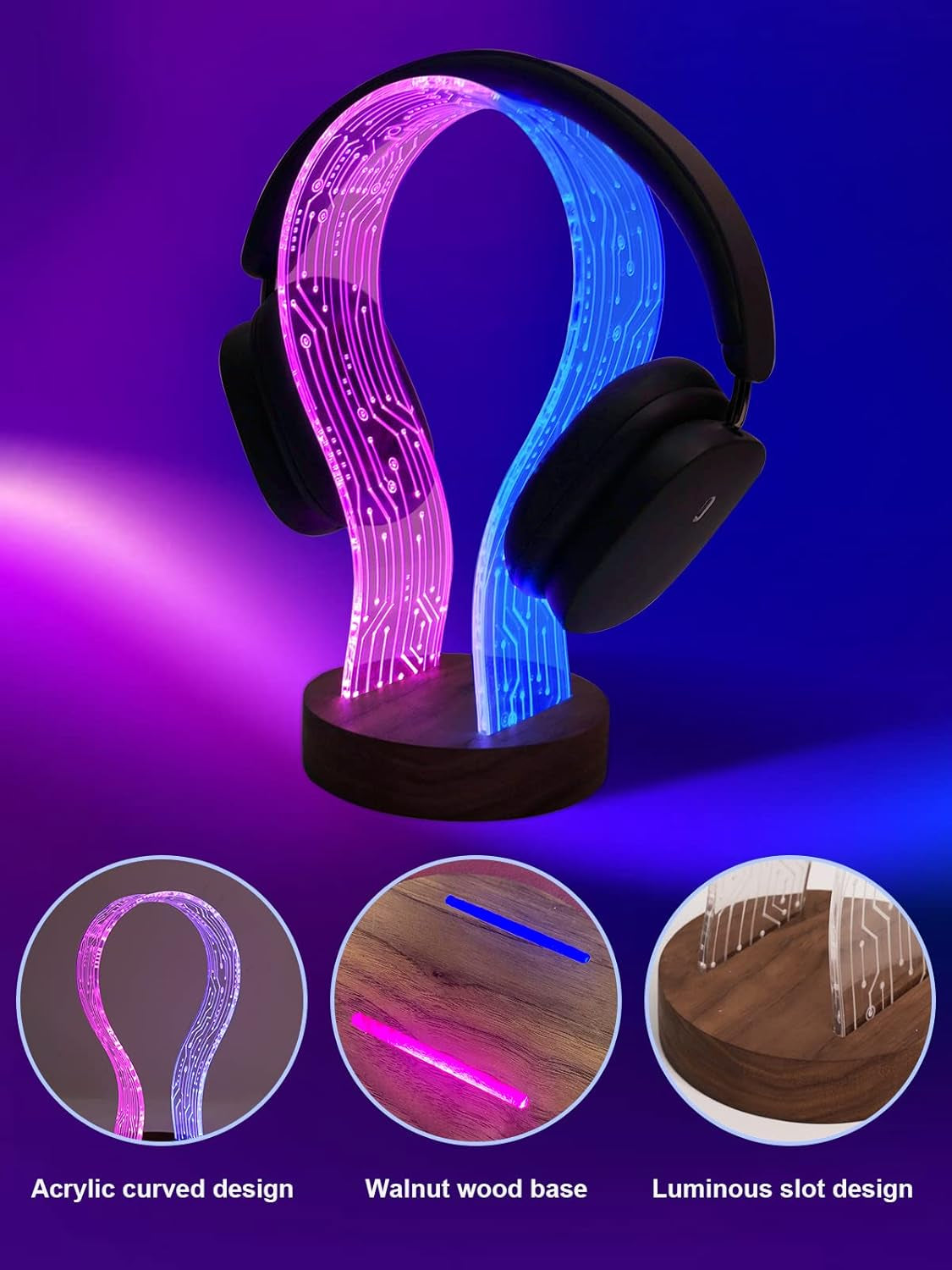 Walnut Wood Headphone Stand with LED Night Light - Ideal Desk Accessory for Gamers and Music Enthusiasts