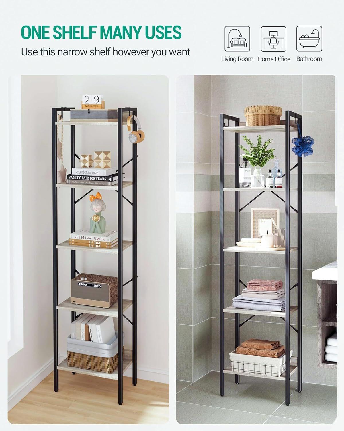 Industrial 5-Tier Bookshelf with Hooks - Greige Corner Storage Organizer for Home Office, Living Room, Bedroom, and Kitchen