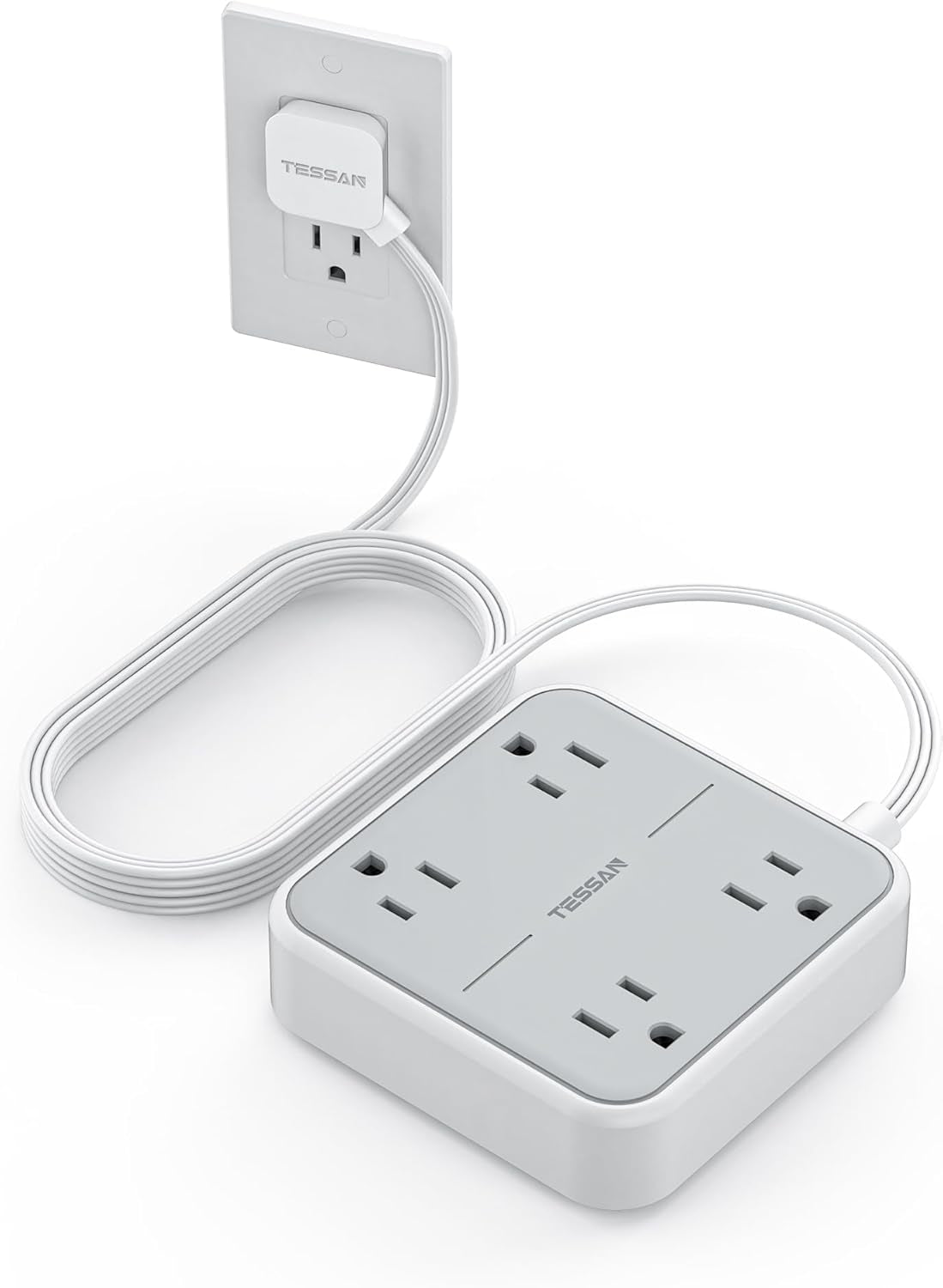 Flat Plug Power Strip with Surge Protection, 5-Foot Extension Cord, 4 Outlets and 3 USB Ports (1 USB-C), Gray