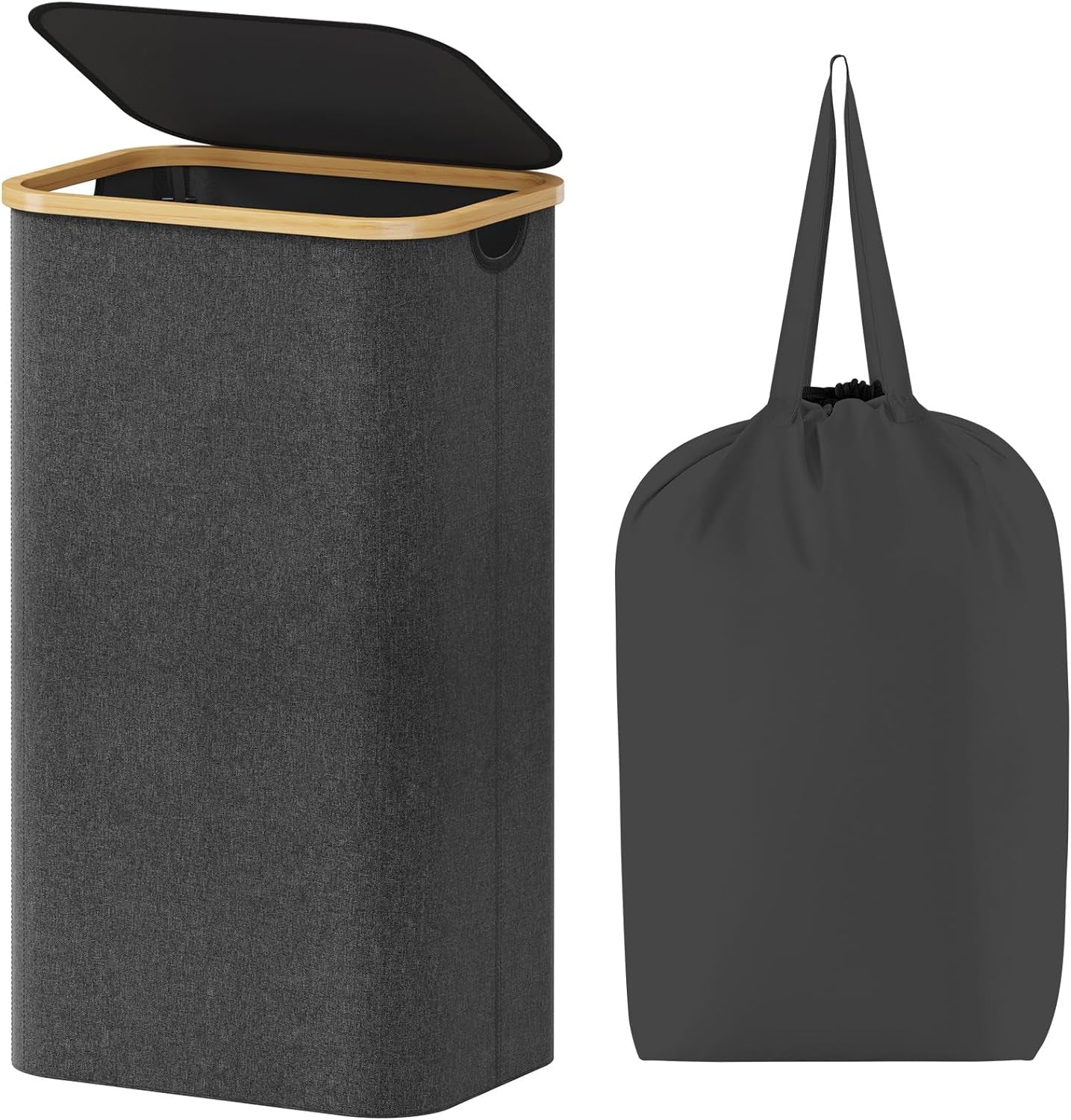 Premium Collapsible Laundry Hamper with Lid and Removable Bag, 100L Tall Storage Bin with Bamboo Handles - Black