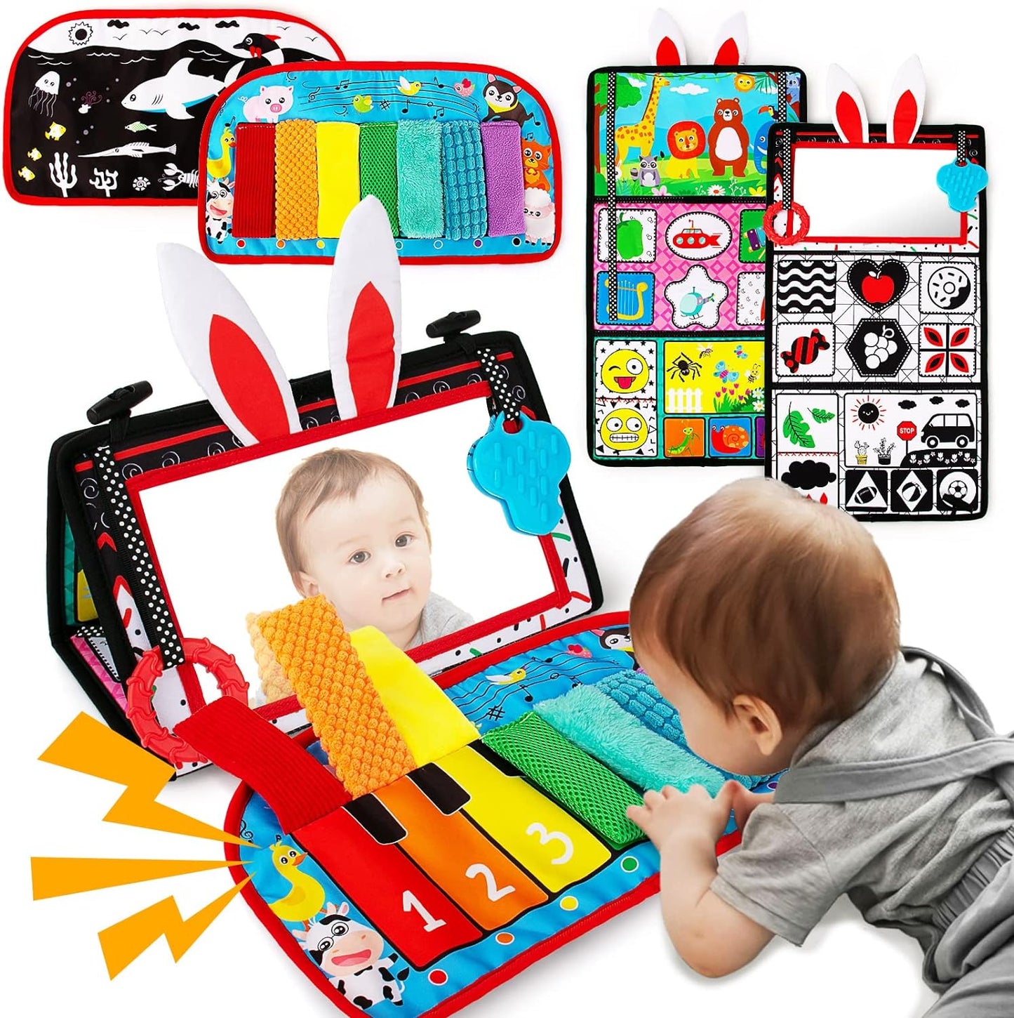 Tummy Time Mirror Toy Activity Circle Mat - High Contrast Black - White Developmental Play Set, Infants 0-6 Months, Sensory Textures, Squeaker Piano