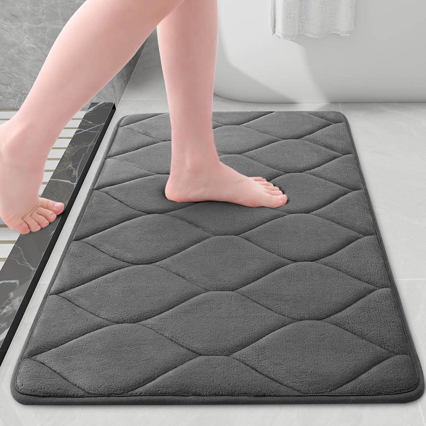 Memory Foam Bath Mats - Soft, Non-Slip, Water-Absorbent, Machine Washable Bathroom Rugs, 24" x 16", Dark Grey