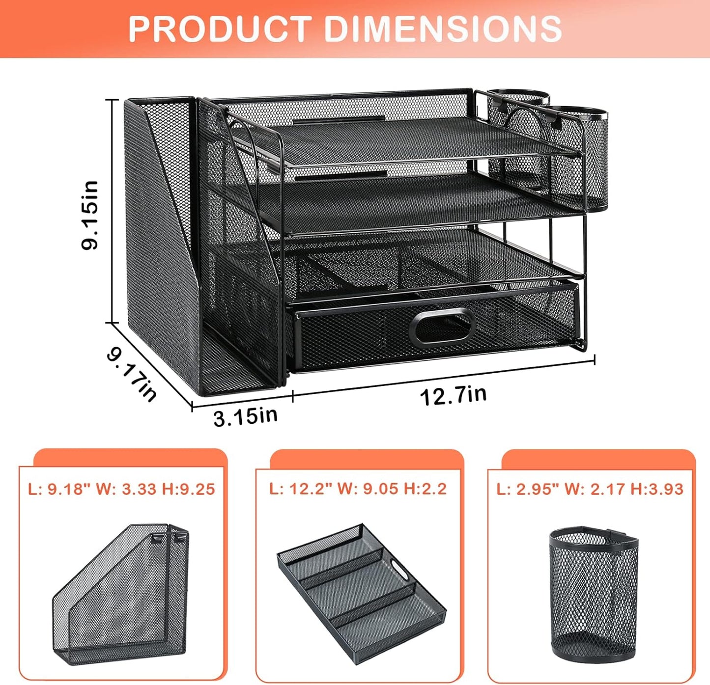 4-Tier Mesh Desk Organizer with File Holder, Drawer, and Pen Holders for Office Supplies