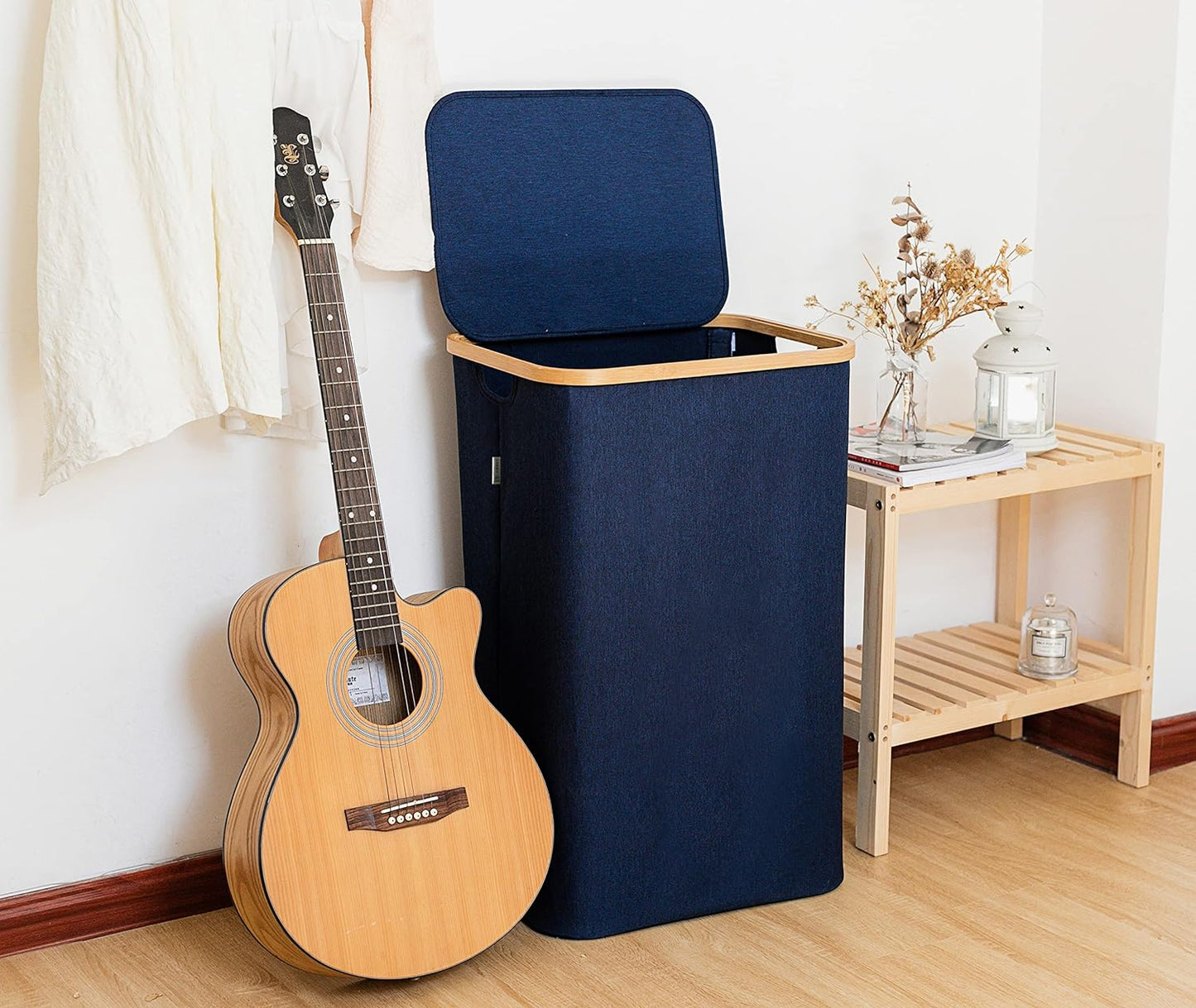 - Blue Laundry Baskets with Lid - XL 100 L - Large Laundry Hamper for Clothes - Panier a Linge Sale - Bamboo Clothes Hamper Bathroom Tall Hamper with Lid
