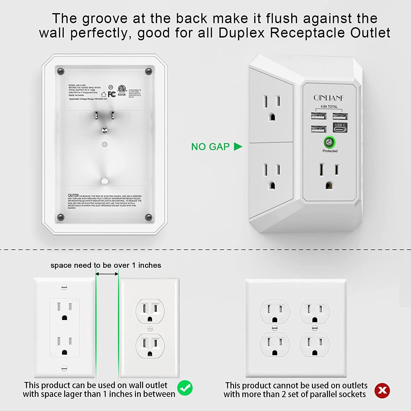 Wall Charger and Surge Protector, 5-Outlet Extender with 4 USB Charging Ports (4.8A Total), 3-Sided Power Strip with 1680J Surge Protection