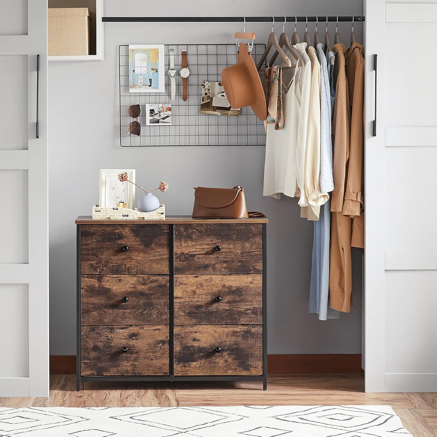 6-Drawer Bedroom Dresser with Metal Frame, Rustic Brown and Classic Black Finish