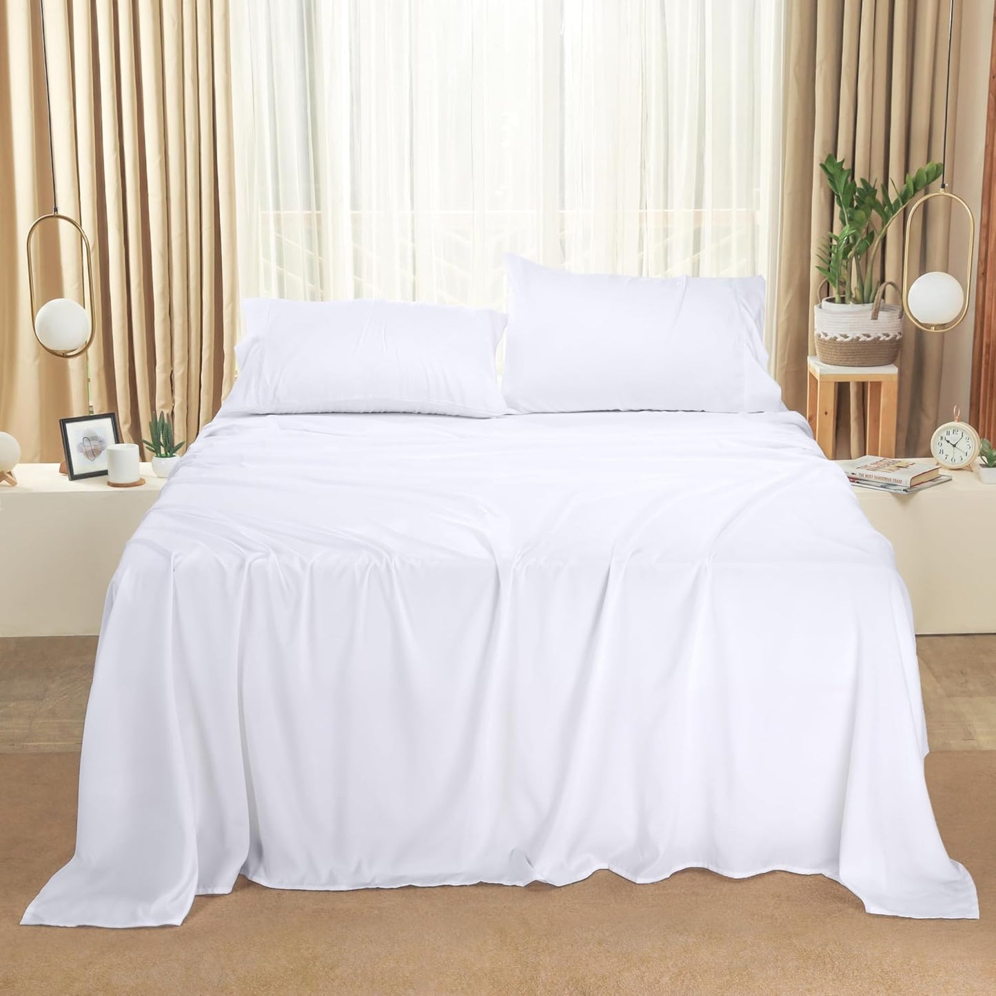 Queen Bed Sheet Set - 4-Piece Soft Brushed Microfiber Bedding - Shrinkage and Fade Resistant - Easy Care - White