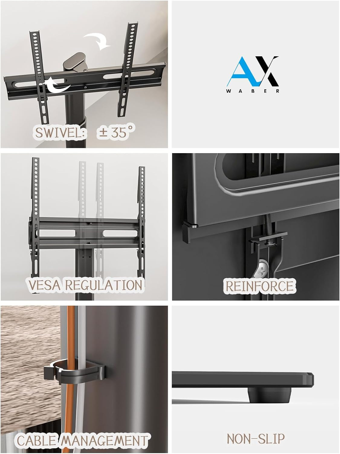 Universal Floor TV Stand - Mount 80 Degree Swivel Height Adjustable and Space Saving Design for Most 27 to 65 Inch Tvs