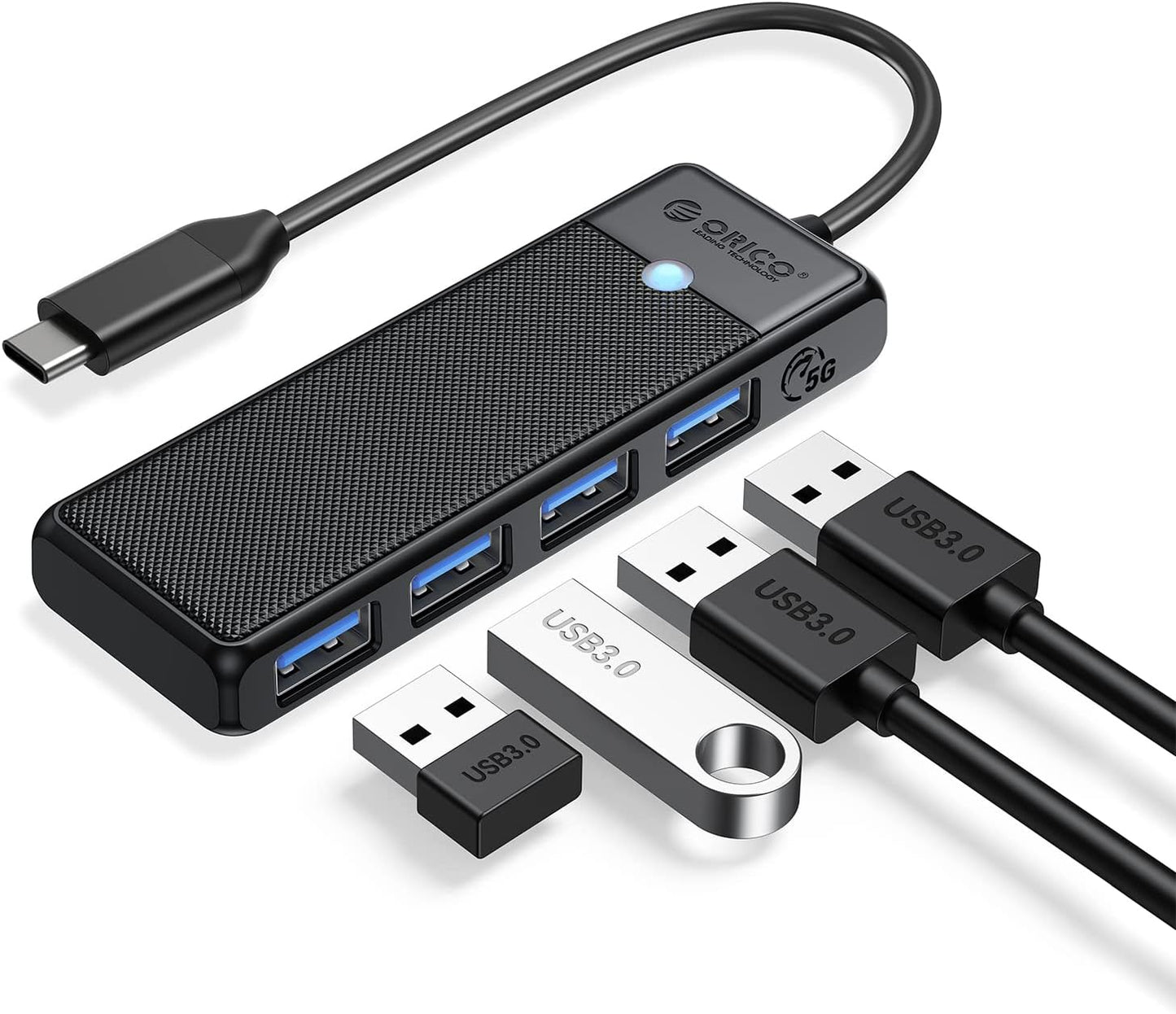USB 3.0 Ultra Slim 4-Port Hub for Laptops and Devices - , XPS, PS5, PC, Flash Drives, Mobile HDD (Black, 0.5 Ft)