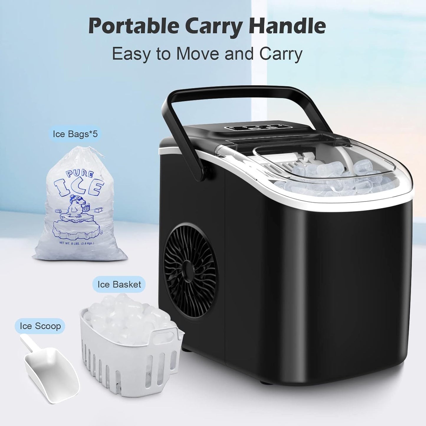 Compact Ice Maker with Carry Handle - 26.5 lbs/24H Self-Cleaning Countertop Ice Machine for Home Use, Ideal Gift for Christmas, Birthdays Gifts