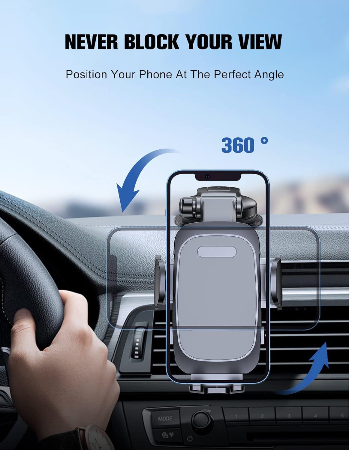 Car Phone Holder with Strong Suction for Dashboard and Windshield - 360° Rotating Long Arm Mount Compatible