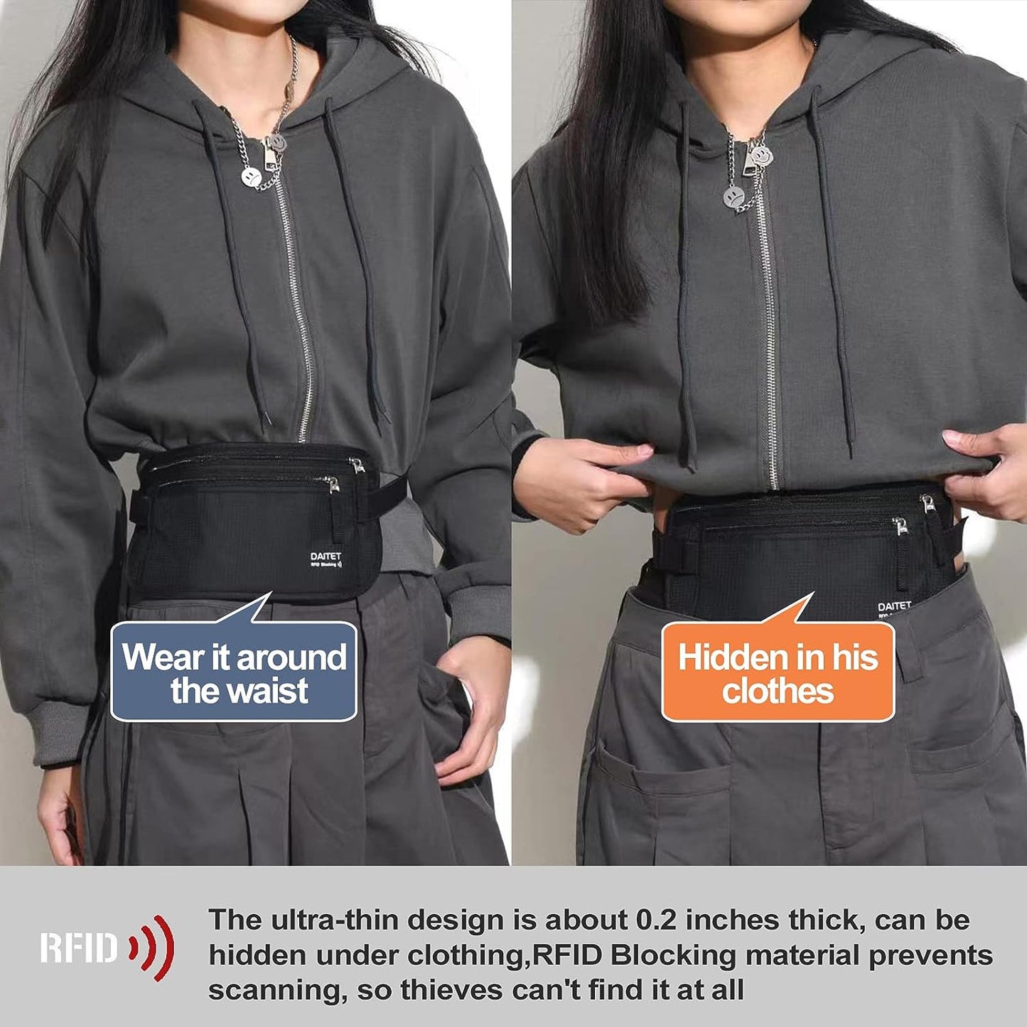 RFID-Blocking Money Belt and Passport Holder - Secure Hidden Travel Wallet Fanny Pack (Black)