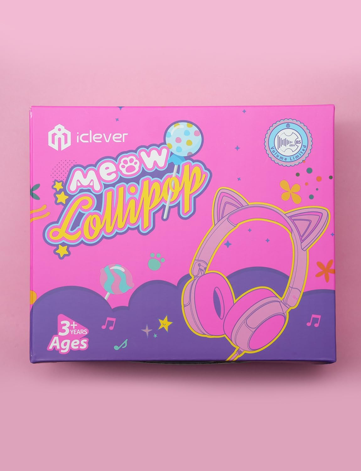 Children's Cat Ear Headphones with LED Lights, 85dBA Volume Limiting, Stereo Sound, Foldable Wired Design for Travel and School, Compatible with iPads and Tablets, Meow Lollipop - Hot Pink