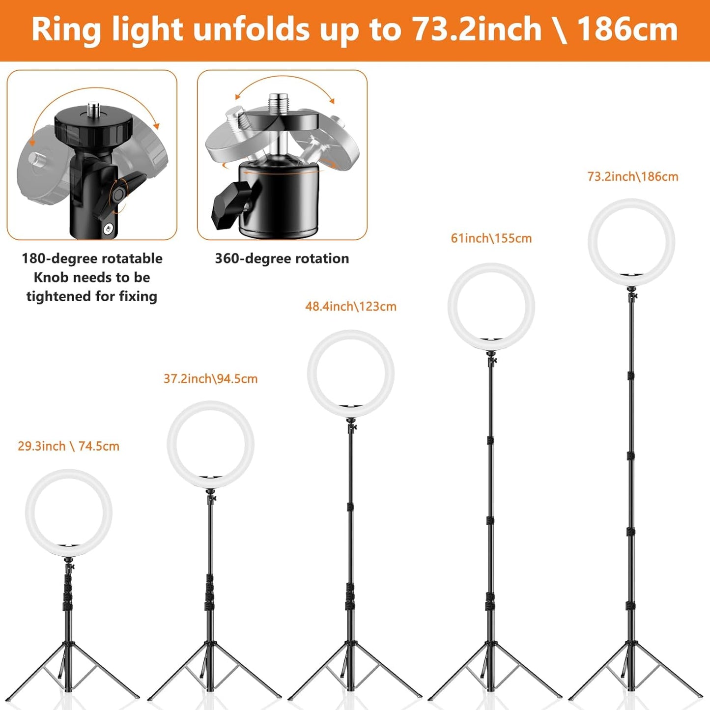 12-Inch Dimmable LED Ring Light with 73-Inch Tripod Stand and Desk Mount, Featuring 38 Color Modes and Phone Holder