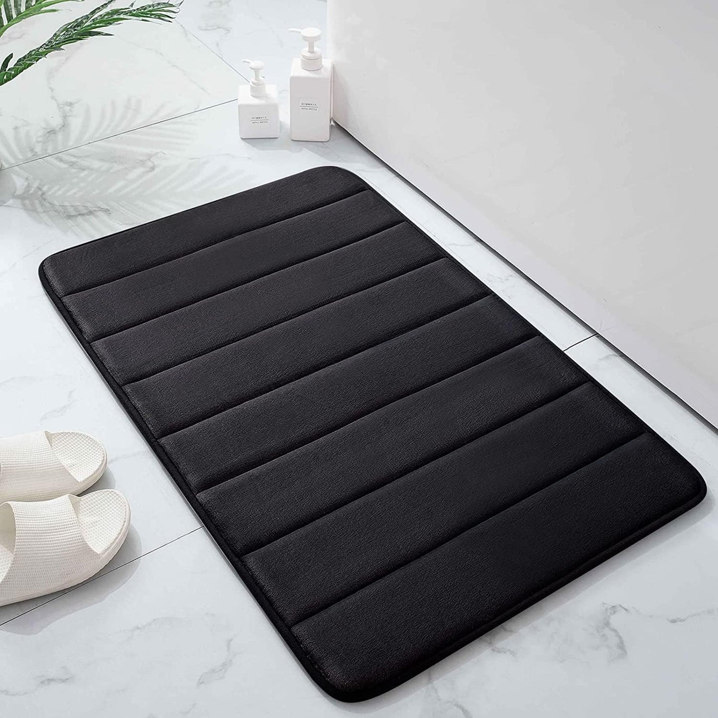 Memory Foam Non-Slip Bath Mat with Absorbent Rubber Backing for Kitchen and Bathroom Floors, 16" x 24", Black