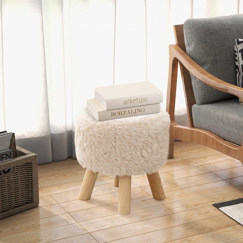 Round Faux Fur Ottoman Footstool with Padded Seat and Rubberwood Legs
