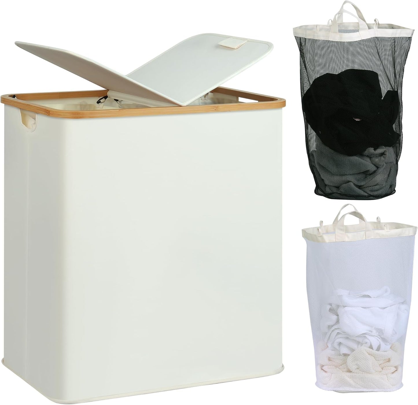 Laundry Hamper with Lid, Double Laundry Hamper with 2 Removable Bags, 2 Section Laundry Basket with Bamboo Handles for Bathroom, Bedroom & Laundry Room, 140L (36.9 Gallon) Beige