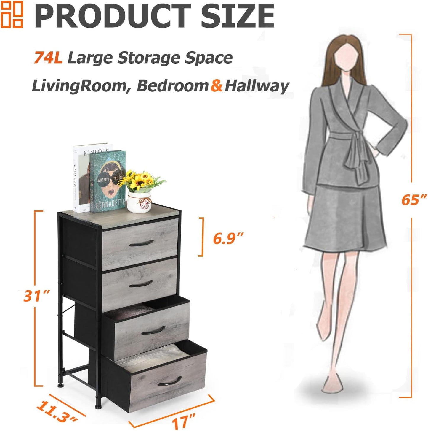 Light Grey Fabric Dresser with 4 Drawers, Sturdy Steel Frame and Wood Top